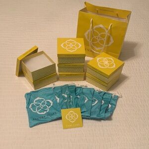 Kendra Scott Yellow Gift Boxes with Turquoise Drawstring Pouches. 7 boxes & bags